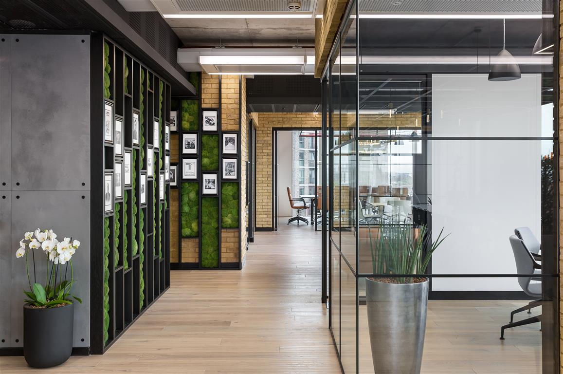 Green walls and ceilings are a key feature throughout Toyota Connected EU's office in London, designed and built by Tétris UK